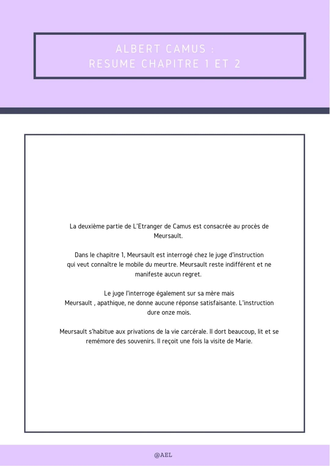 ALBERT CAMUS :
RESUME CHAPITRE 1 ET 2
La deuxième partie de L'Etranger de Camus est consacrée au procès de
Meursault.
Dans le chapitre 1, Me