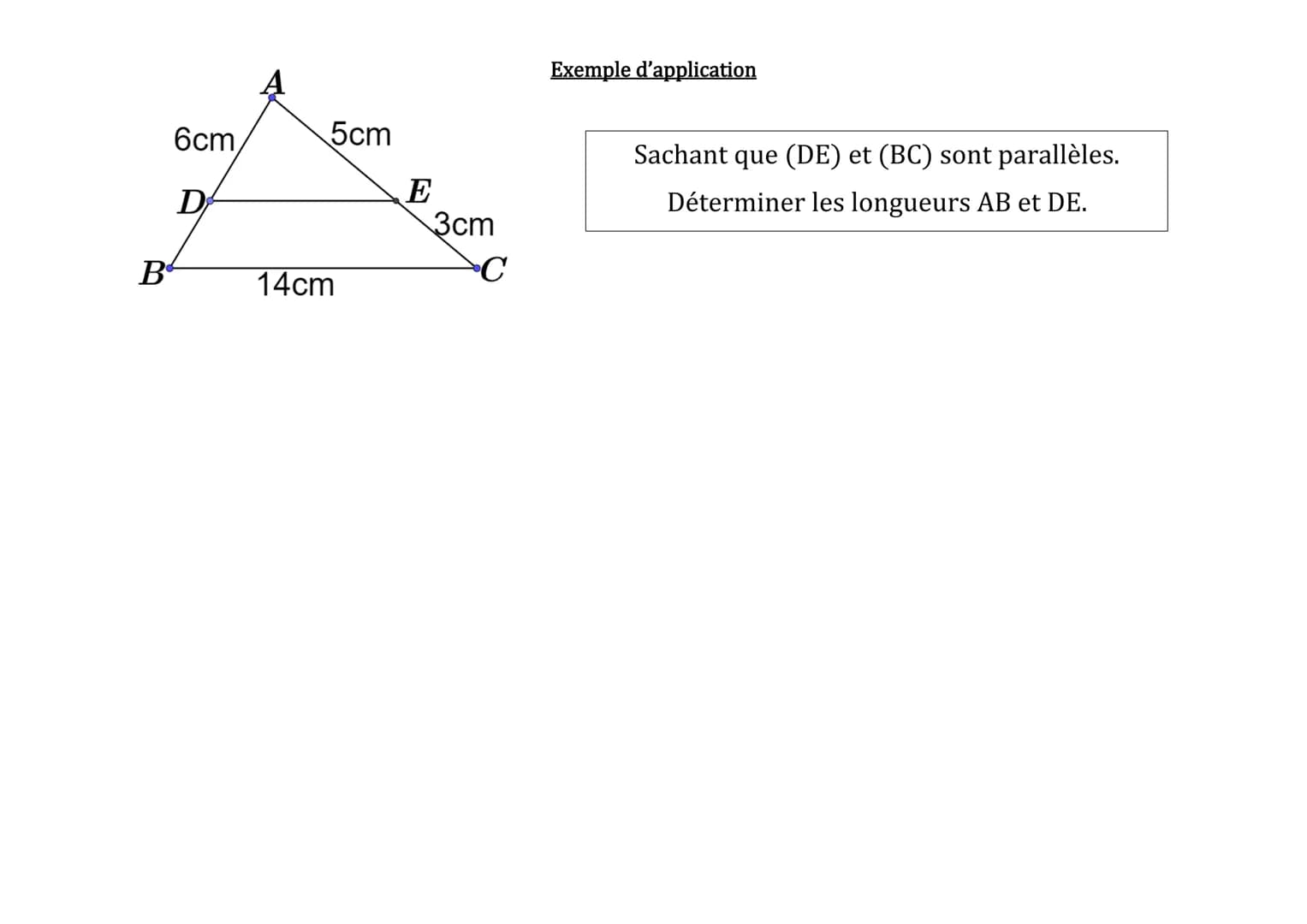 Théorème
de
Thales
Un énoncé possible:
Une droite parallèle à un des 3 côtés |
d'un triangle coupe ce triangle en 2
triangles aux longueurs
