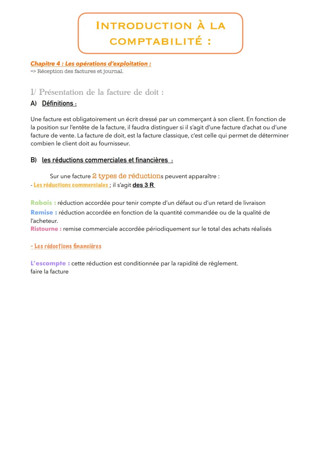INTRODUCTION À LA
COMPTABILITÉ :
Chapitre 4: Les opérations d'exploitation :
=> Réception des factures et journal.
1/ Présentation de la fac