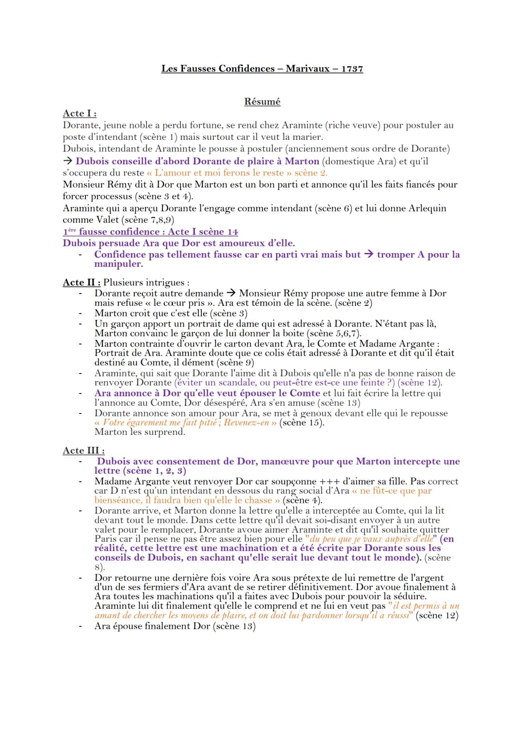 Les Fausses Confidences - Marivaux – 1737
Résumé
Acte I:
Dorante, jeune noble a perdu fortune, se rend chez Araminte (riche veuve) pour post