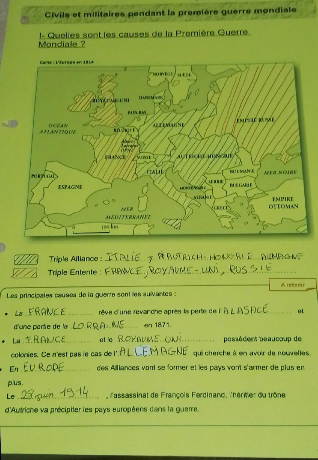 Civils et militaires pendant la première guerre mondiale
1- Quelles sont les causes de la Première Guerre
Mondiale?
Carte: L'Europe en 1914.