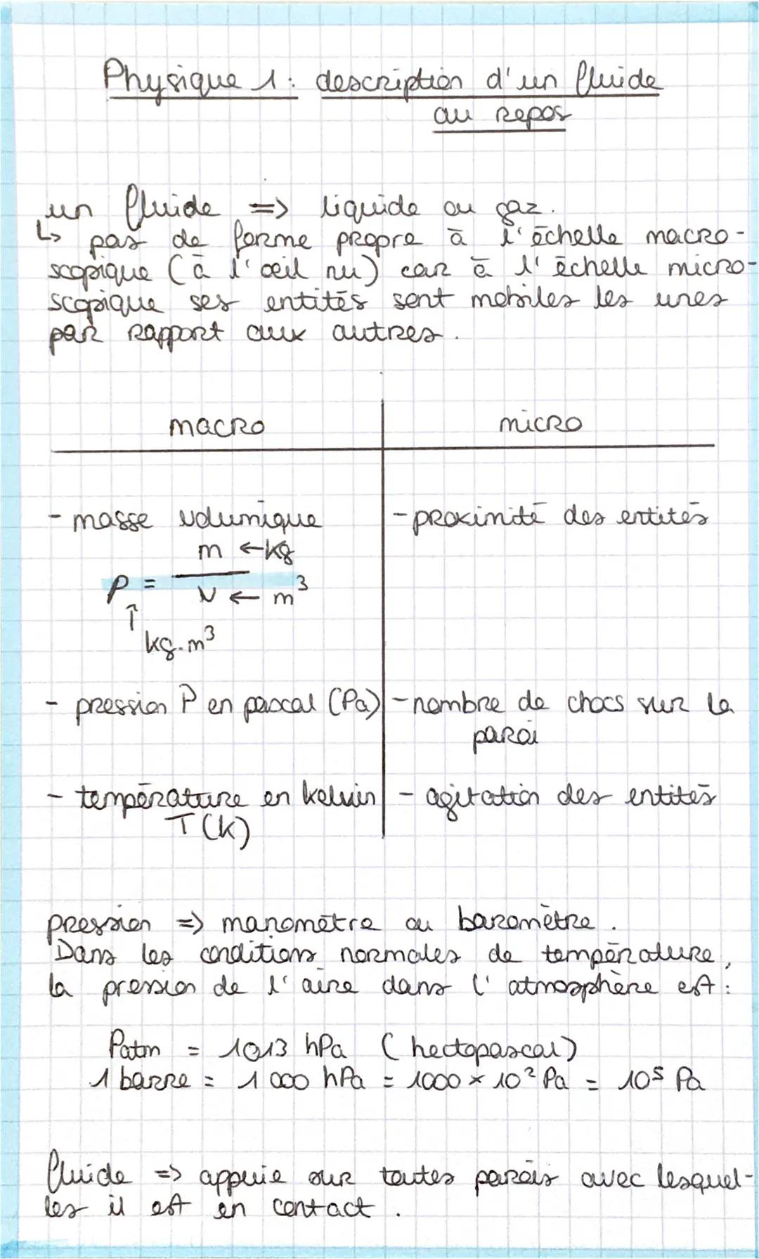 Physique 1: description d'un fluide
au repos
on
L>
l'échelle macro-
un fluide => liquide au gaz
pas de forme propre à
scopique (à l'œil nu) 