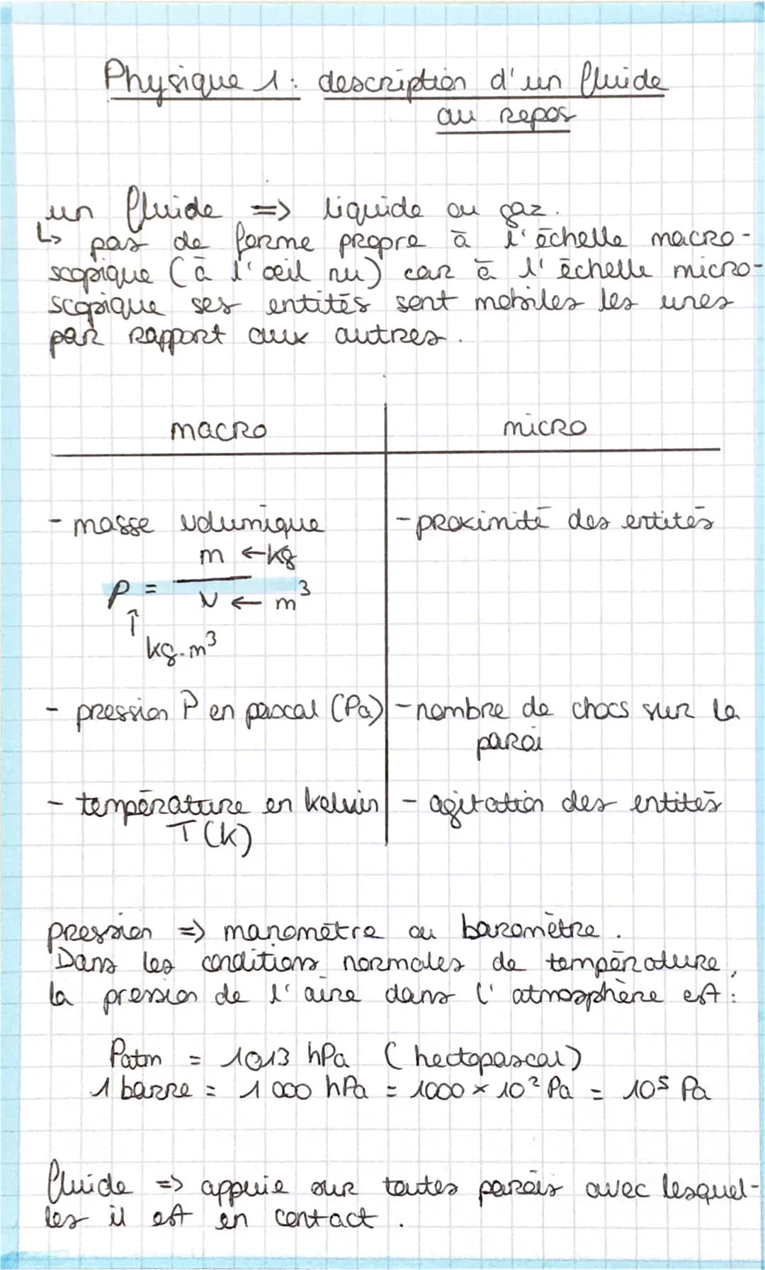 Physique 1: description d'un fluide
au repos
on
L>
l'échelle macro-
un fluide => liquide au gaz
pas de forme propre à
scopique (à l'œil nu) 