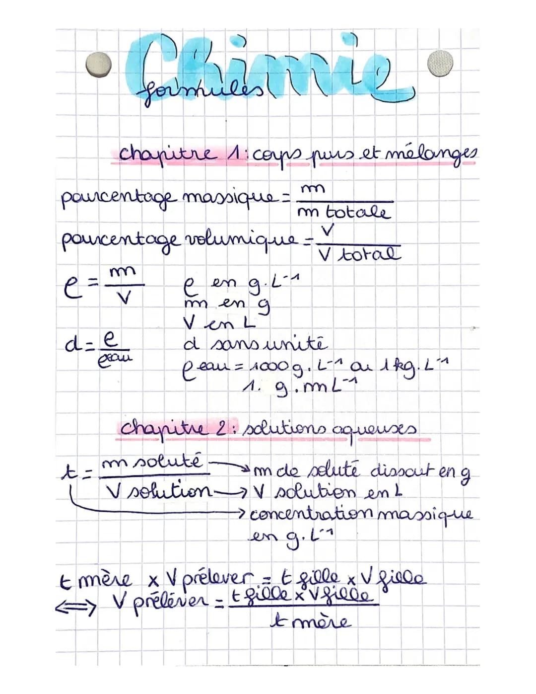 •
pourcentage massique - m totale
V
V total
formule
chapitre 1: cops purs et mélanges
pourcentage volumique:
m
e=
t =
V
d=e
ехал
e en g.L-1
