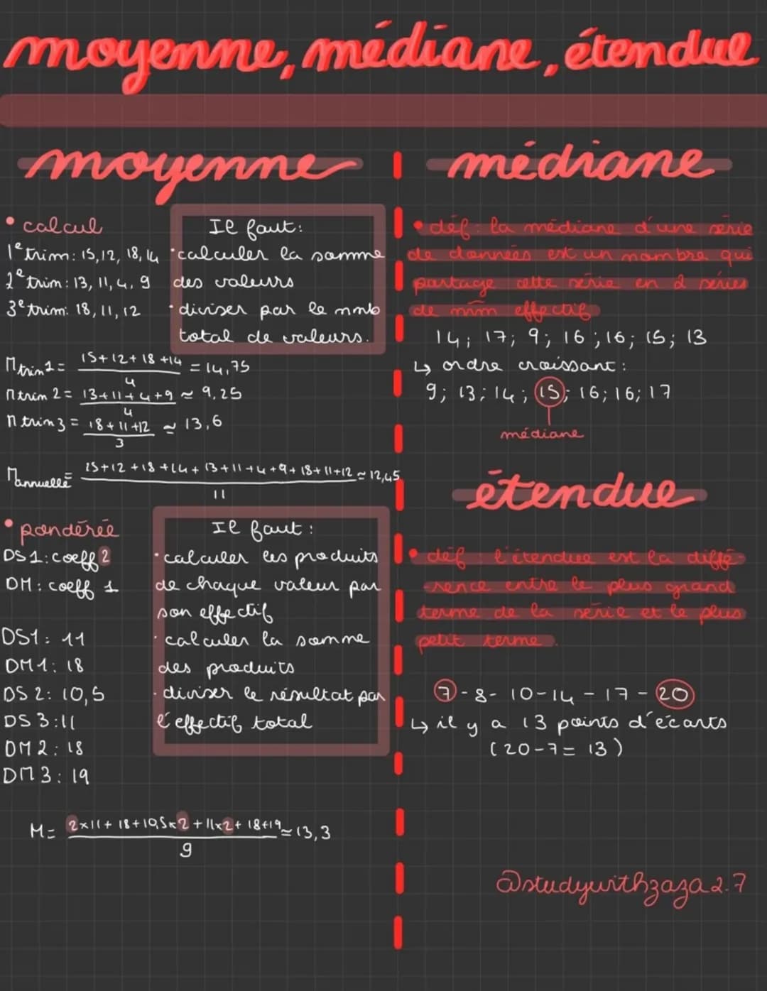 moyenne, médiane, étendue
moyenne médiane
• calcul
Il faut:
18trim: 15, 12, 18, 14 "calculer la somme
2°t
trim : 13, 11, 4, 9
3e trim: 18, 1