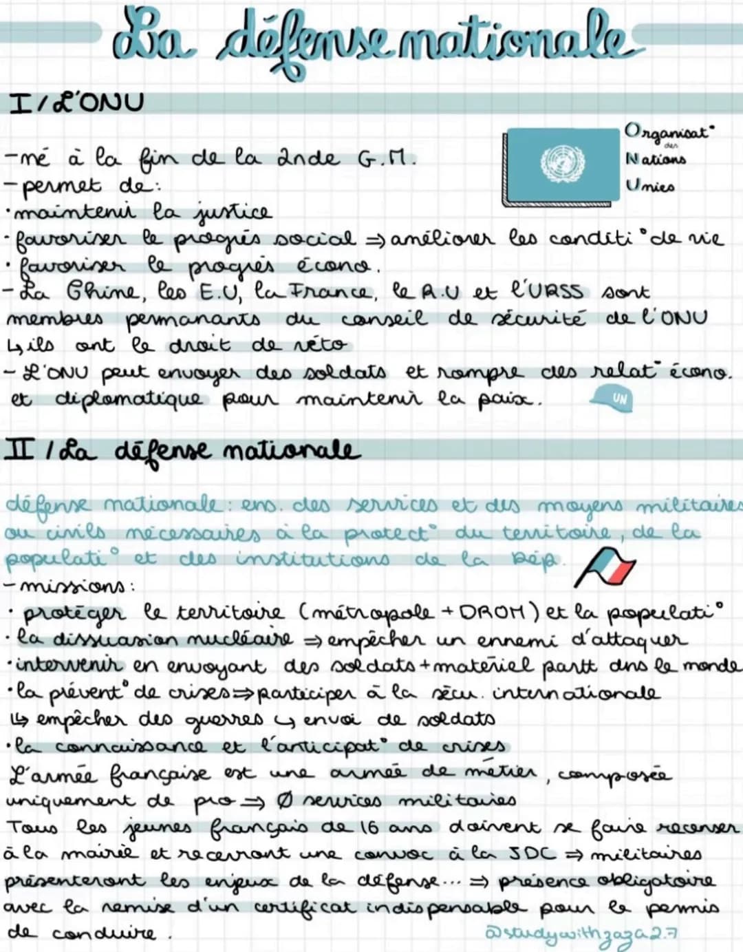 Sa défense nationale
I/LONU
-me à la fin de la 2nde G.M.
-permet de:
•maintenir la justice
- favoriser le progrès social =) améliorer les co