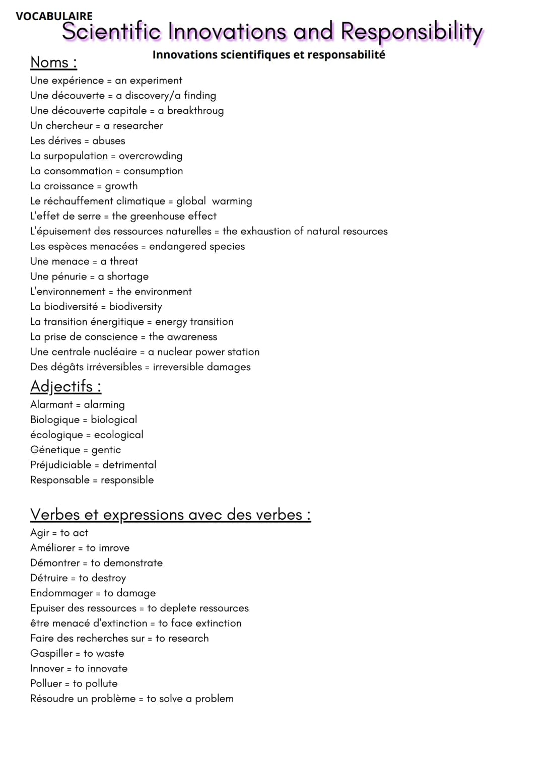 VOCABULAIRE
Scientific Innovations and Responsibility
Innovations scientifiques et responsabilité
Noms:
Une expérience = an experiment
Une d