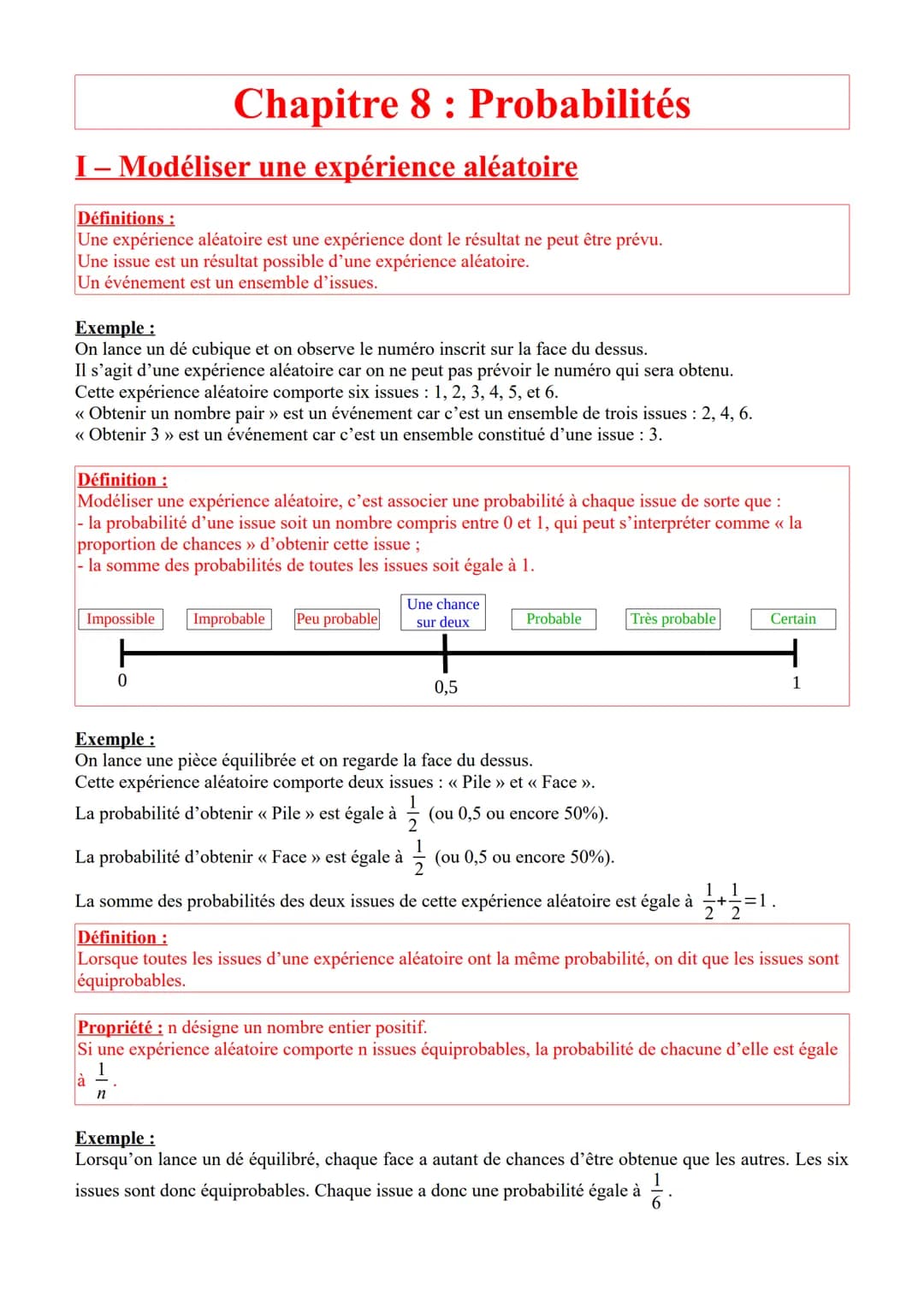 I - Modéliser une expérience aléatoire
Chapitre 8: Probabilités
Définitions :
Une expérience aléatoire est une expérience dont le résultat n