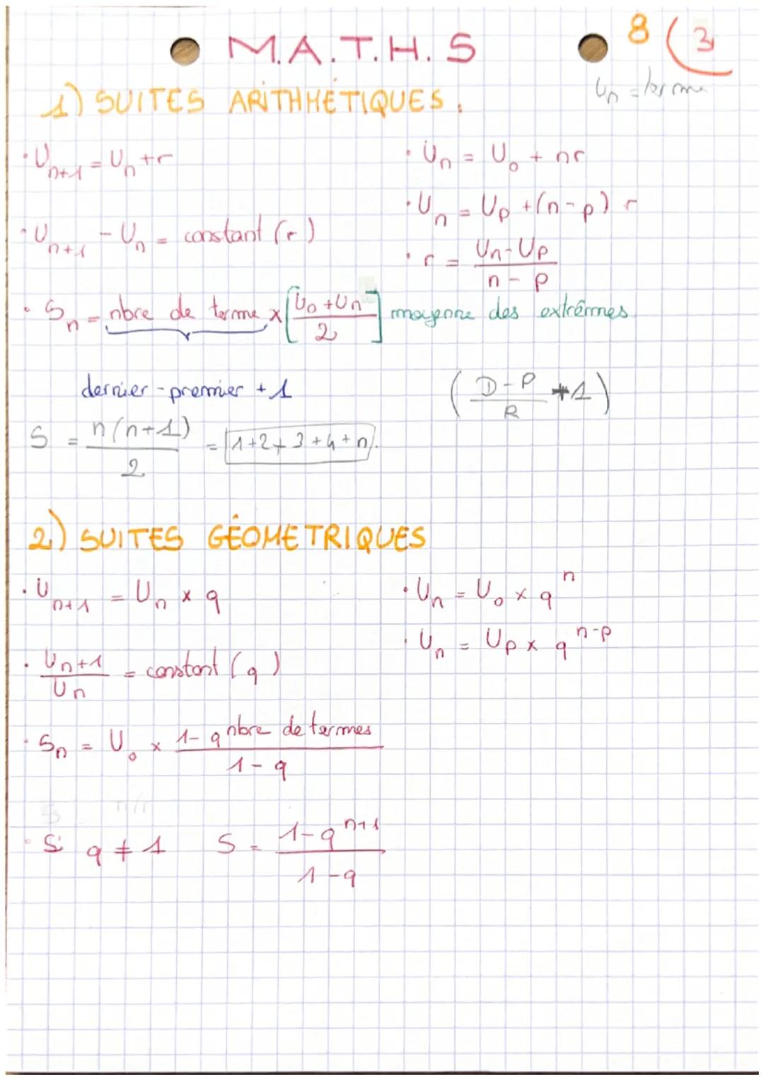 - U
Ο Μ.Α.Τ.Η. S

1) SUITES ARITHHETIQUES.

- $U_{n+1} = U_n + r$

- $U_{n+1}-U_n = constant (e)$

- $S_n$=nbre de terme x [$\frac{U_0+U_n}{