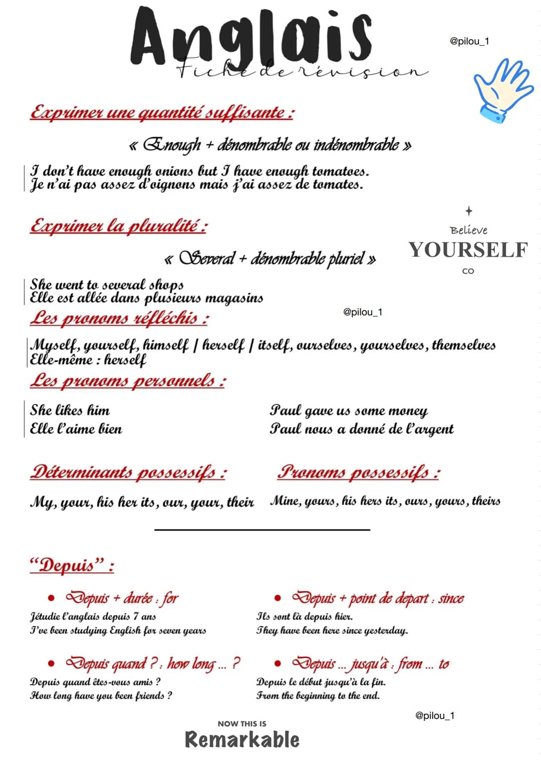 Anglais
Exprimer une quantité suffisante :
Fiche de révision
« Enough + dénombrable ou indénombrable »
I don't have enough onions but I have