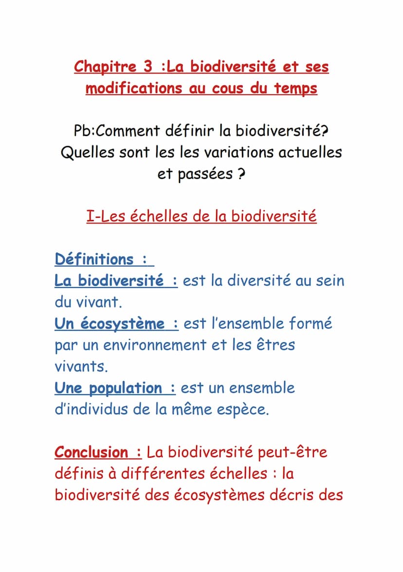 Chapitre 3 :La biodiversité et ses
modifications au cous du temps
Pb: Comment définir la biodiversité?
Quelles sont les les variations actue