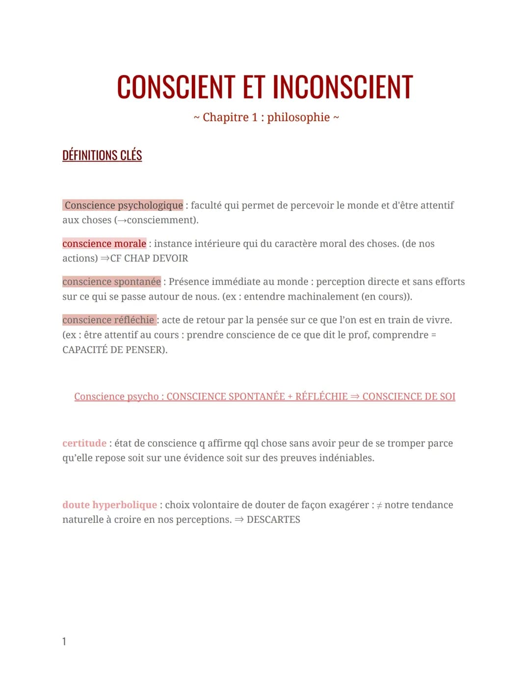 CONSCIENT ET INCONSCIENT
Chapitre 1: philosophie ~
DÉFINITIONS CLÉS
Conscience psychologique : faculté qui permet de percevoir le monde et d