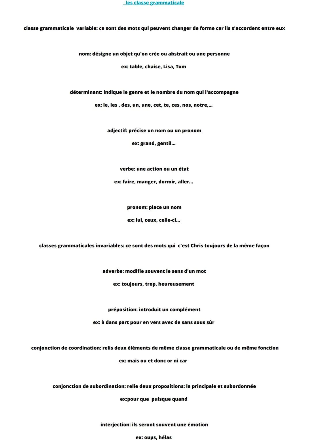 les classes grammaticales