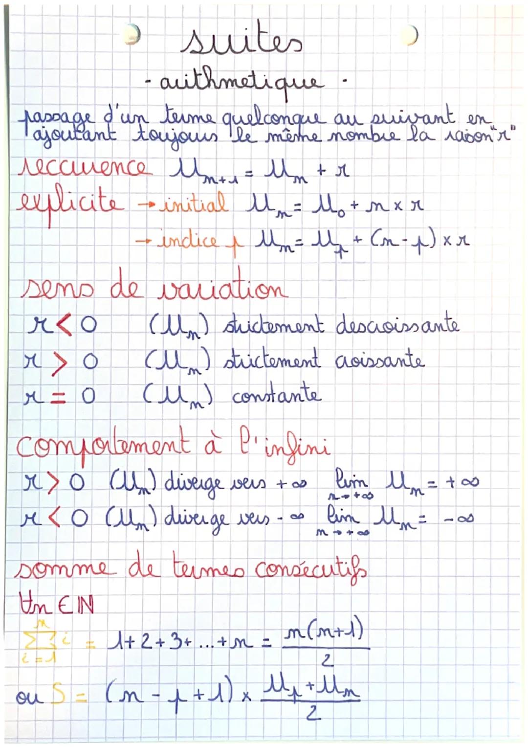 2 suites
-authmetique
passage d'un terme quelconque au suivant en
ajoutant toujours le même nomble la raison`'r"
recaurence Un+= Um + r
expl