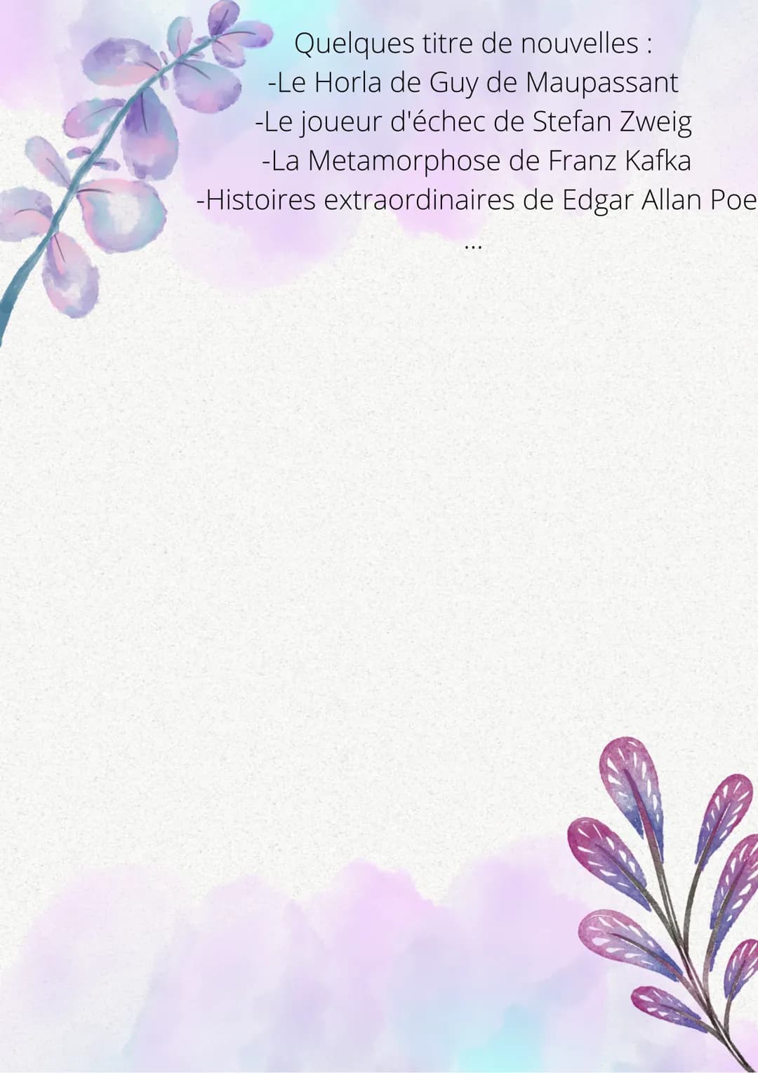 La nouvelle
Il s'agit d'un genre littéraire proche du roman
mais qui s'y différencie. En effet la nouvelle a
plusieurs caractéristiques :
-e