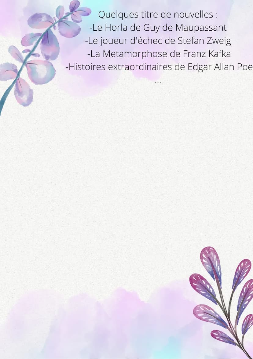 La nouvelle
Il s'agit d'un genre littéraire proche du roman
mais qui s'y différencie. En effet la nouvelle a
plusieurs caractéristiques :
-e