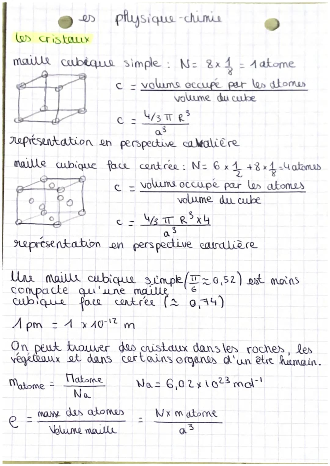 les cristaux
maille cubique simple : N= 8x1 = 1 atome
volume
occupé par les atomes
volume du cube
es physique-chimie
4/3 TT R³
a³
représenta