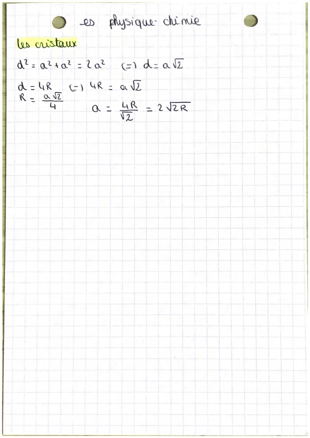 les cristaux
maille cubique simple : N= 8x1 = 1 atome
volume
occupé par les atomes
volume du cube
es physique-chimie
4/3 TT R³
a³
représenta