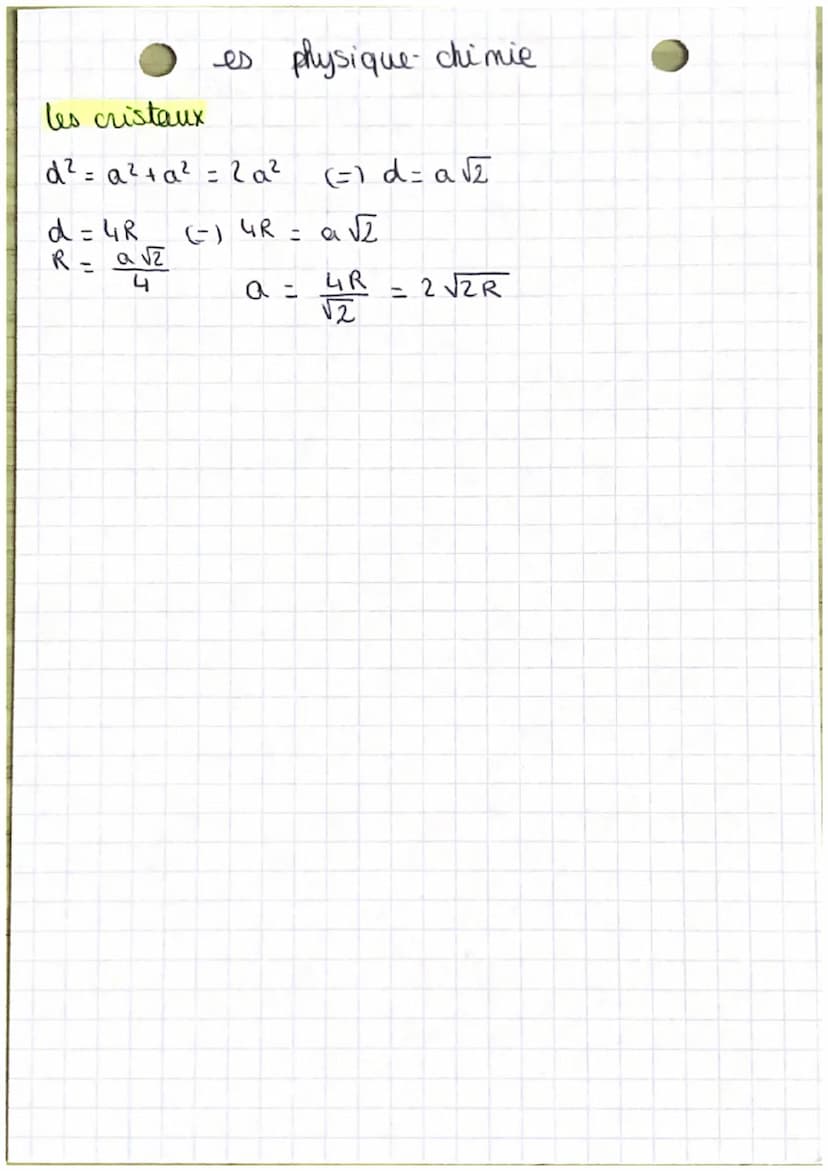 les cristaux
maille cubique simple : N= 8x1 = 1 atome
volume
occupé par les atomes
volume du cube
es physique-chimie
4/3 TT R³
a³
représenta