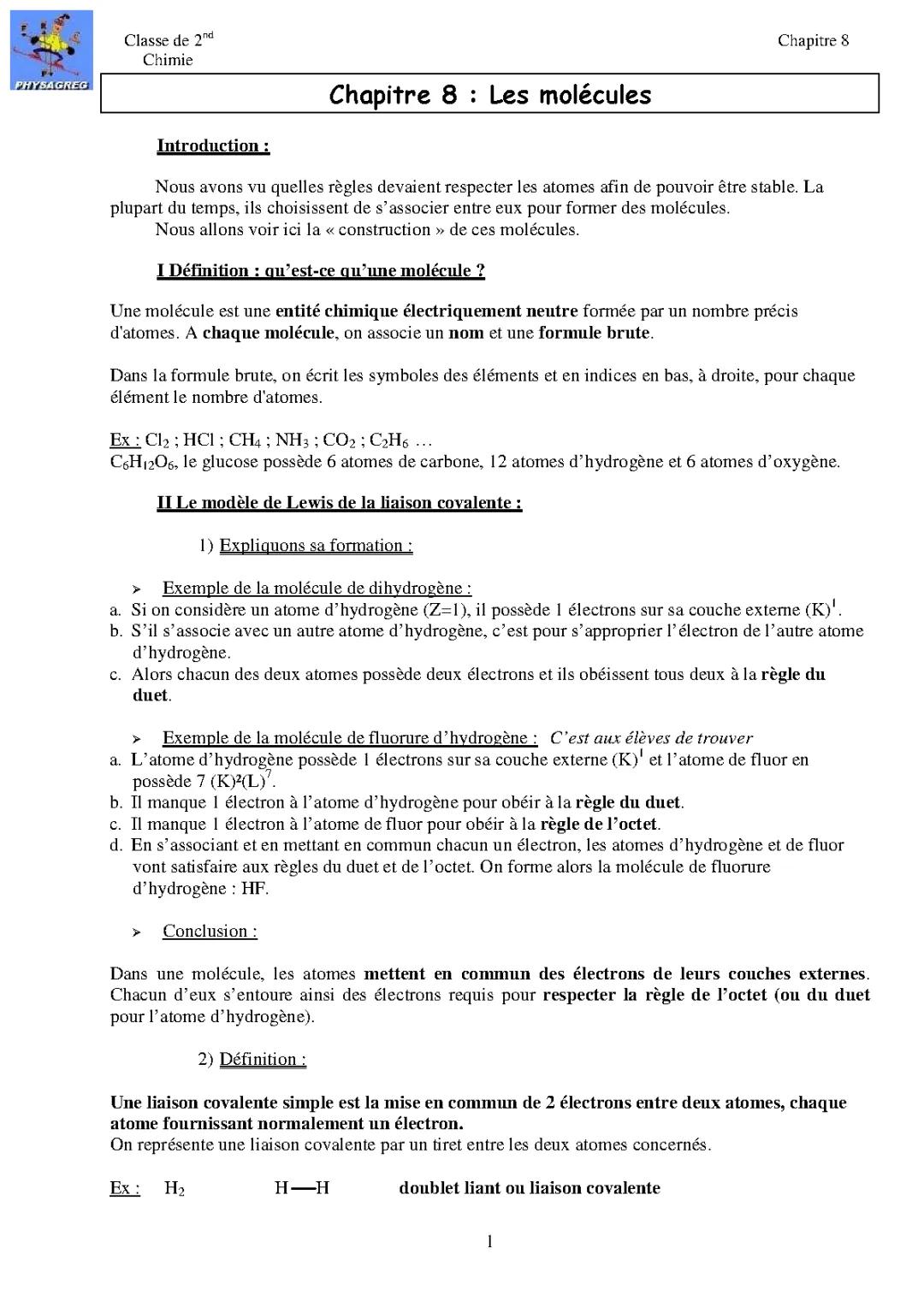 Cours Seconde : Molécules, Atomes et Liaison Covalente