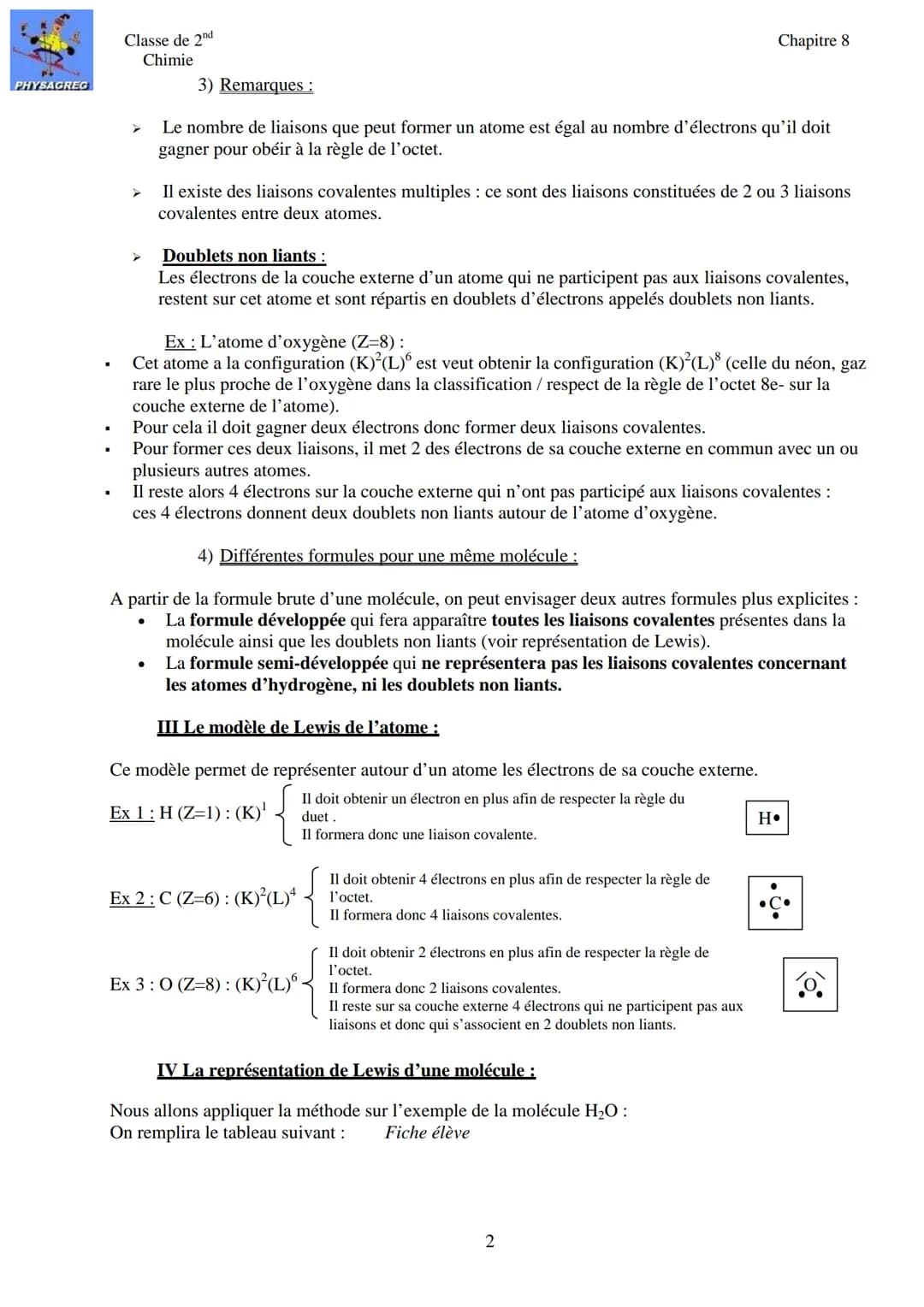 PHYSAGREG
Classe de 2nd
Chimie
Introduction :
Chapitre 8: Les molécules
Nous avons vu quelles règles devaient respecter les atomes afin de p