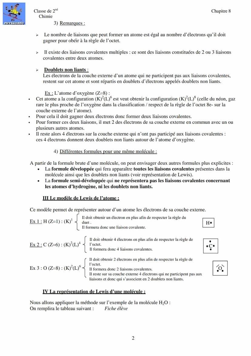 PHYSAGREG
Classe de 2nd
Chimie
Introduction :
Chapitre 8: Les molécules
Nous avons vu quelles règles devaient respecter les atomes afin de p