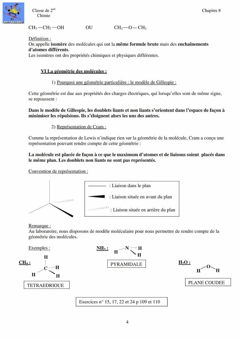 PHYSAGREG
Classe de 2nd
Chimie
Introduction :
Chapitre 8: Les molécules
Nous avons vu quelles règles devaient respecter les atomes afin de p