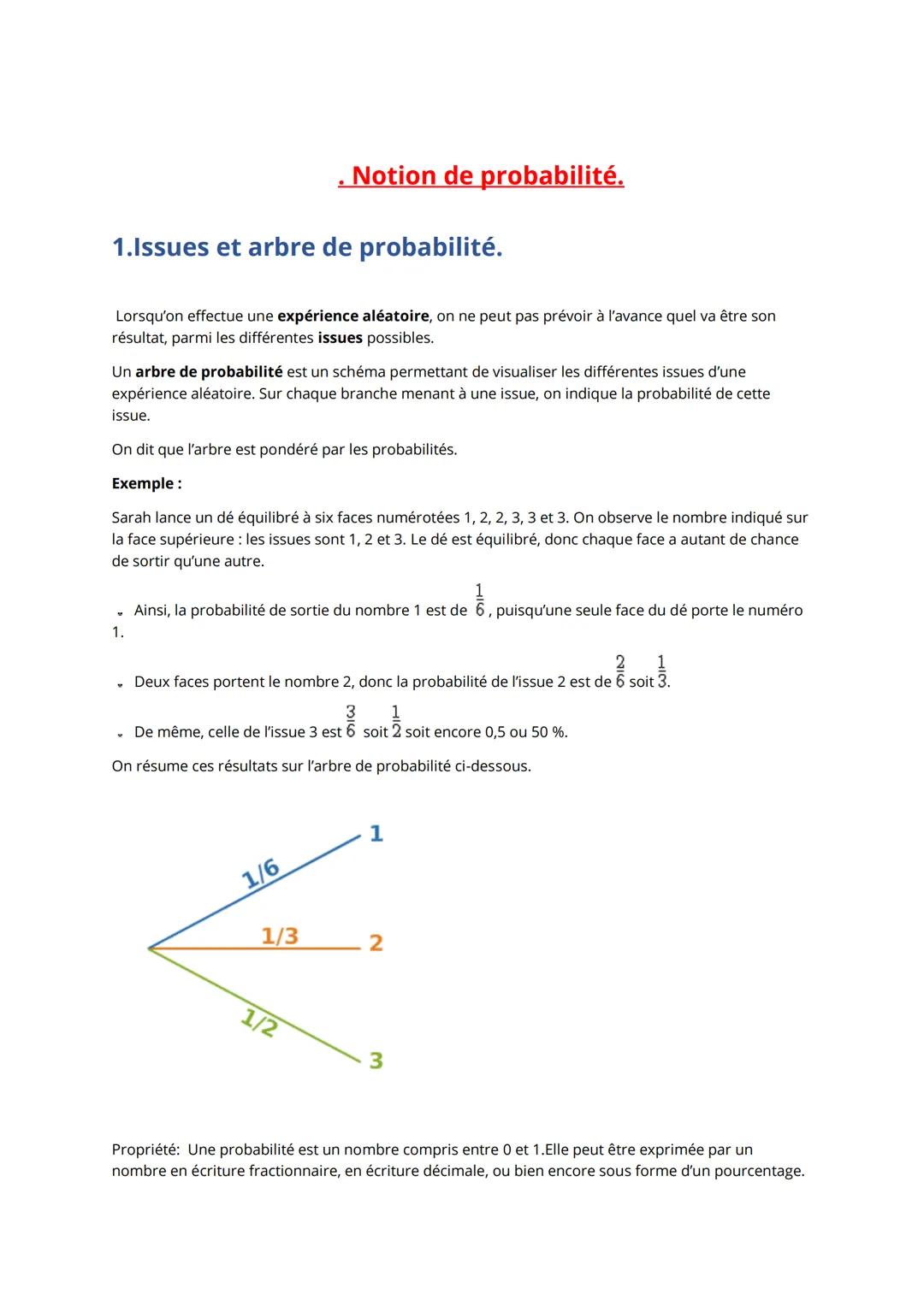 . Notion de probabilité.

1.Issues et arbre de probabilité.

Lorsqu'on effectue une expérience aléatoire, on ne peut pas prévoir à l'avance 