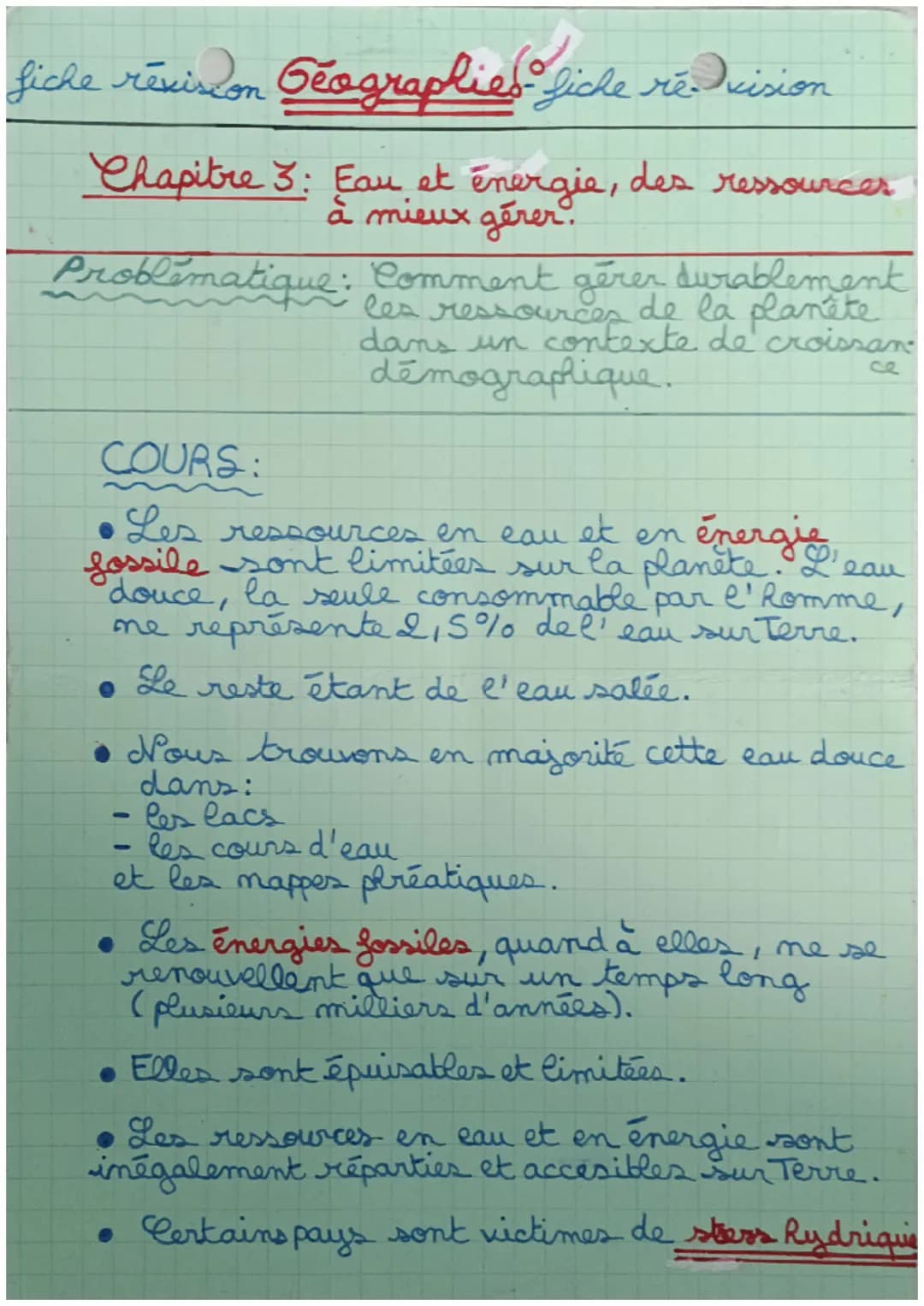 fiche revision Geographies fiche ré-vision
Chapitre 3: Eau et énergie, des ressources
à mieux gérer.
Problematique:
COURS:
Les ressources en