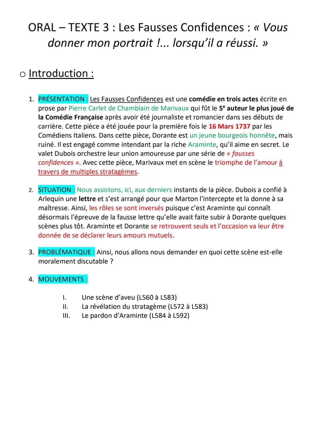 ORAL-TEXTE 3 : Les Fausses Confidences : « Vous
donner mon portrait !... lorsqu'il a réussi. »
o Introduction :
1. PRÉSENTATION : Les Fausse