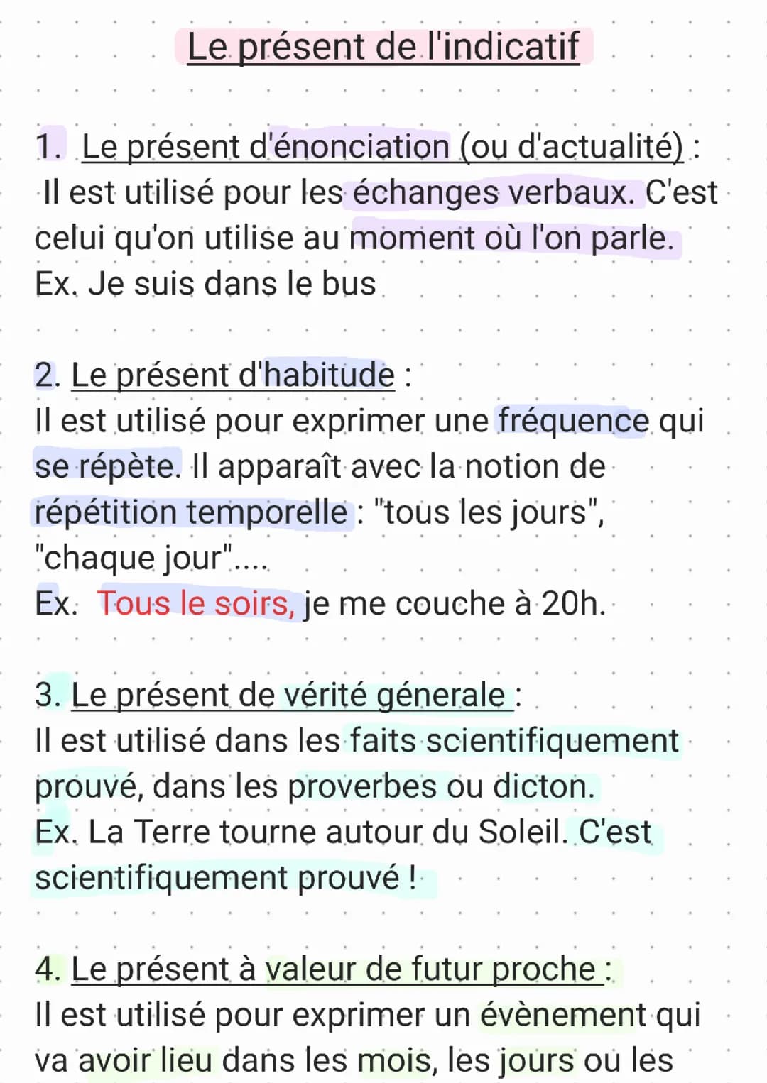 Les 7 valeurs du présent de l'indicatif - Exercices et Exemples