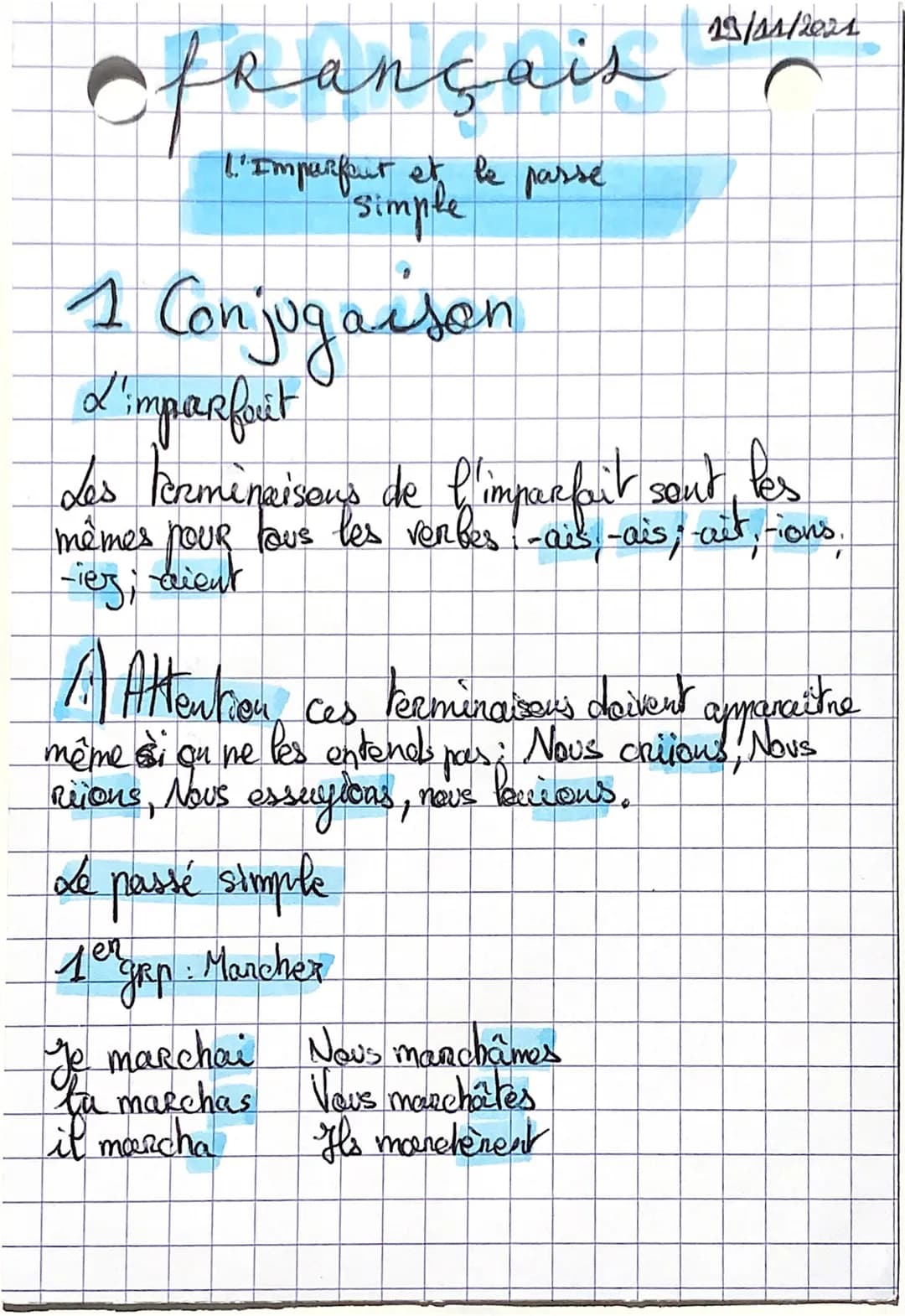 ofrançais
1.' Imparfent et le passe
simple
1 Conjugaison
L'imparfait
Les terminaisous de l'imparfait sont les
mêmes pour tous les verbes: -a