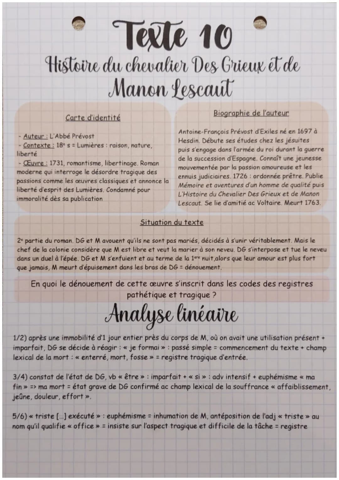 Texte 10
Histoire du chevalier Des Grieux et de
Manon Lescaut
Carte d'identité
Auteur: L'Abbé Prévost
- Contexte: 18 s= Lumières raison, nat