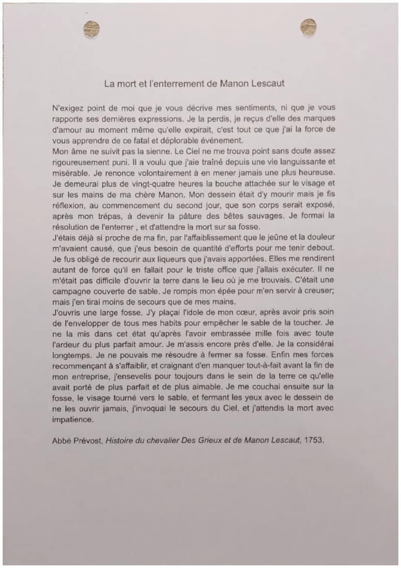 Texte 10
Histoire du chevalier Des Grieux et de
Manon Lescaut
Carte d'identité
Auteur: L'Abbé Prévost
- Contexte: 18 s= Lumières raison, nat