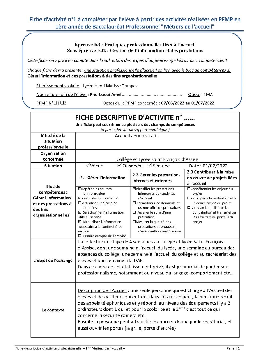 Fiche Descriptive pour le BAC