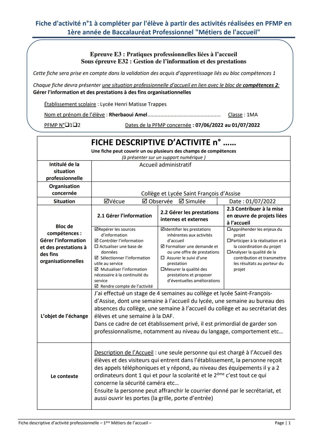 Fiche d'activité n°1 à compléter par l'élève à partir des activités réalisées en PFMP en
1ère année de Baccalauréat Professionnel "Métiers d