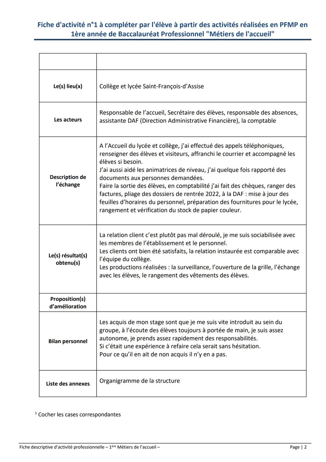 Fiche d'activité n°1 à compléter par l'élève à partir des activités réalisées en PFMP en
1ère année de Baccalauréat Professionnel "Métiers d