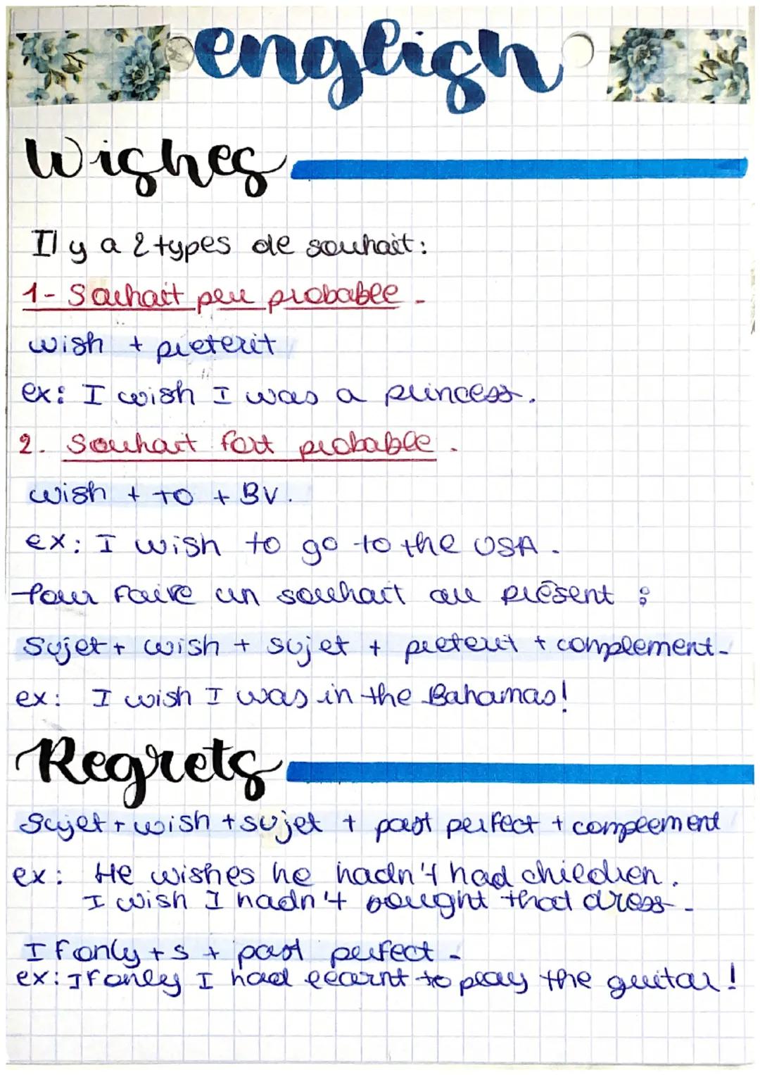 # engligh

Wishes

Il y a 2 types de souhait:

1- Sachait peu probable

wish + preterit

ex: I wish I was a princess.

2. Souhart fort proba