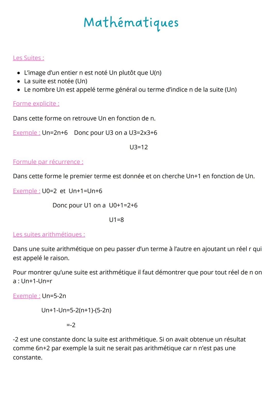 # Mathématiques

Les Suites :

- L'image d'un entier n est noté Un plutôt que U(n)
- La suite est notée (Un)
- Le nombre Un est appelé terme