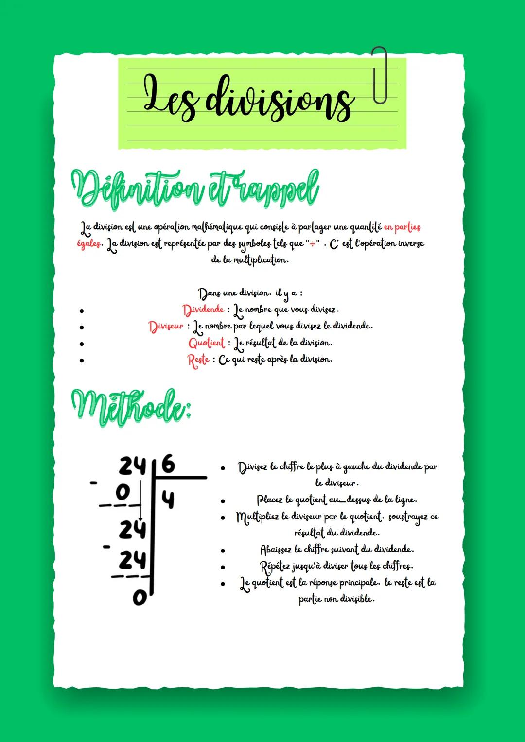 # Les divisions

## Definition trappel

Ja division est une opération mathématique qui consiste à partager une quantité en parties
égales. J