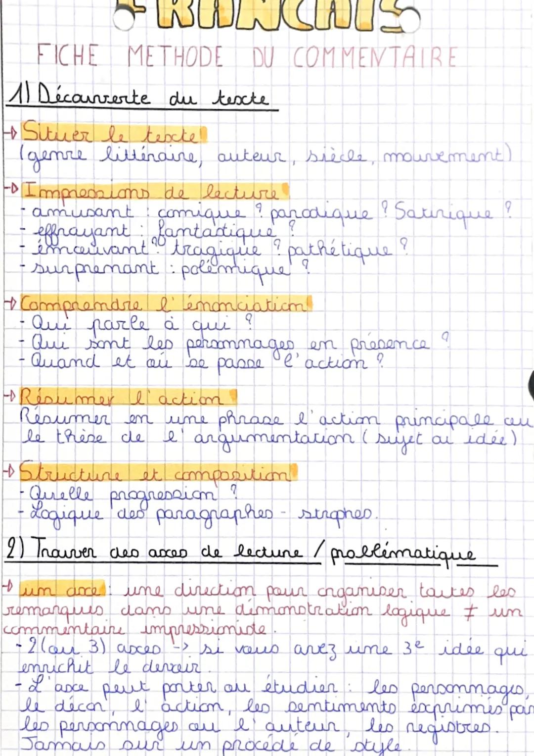 # FICHE METHODE DU COMMENTAIRE

11 Décaunerte du texte

Situer le texte
(genre littéraire, auteur, siècle, mouvement)

- Impressions de lect