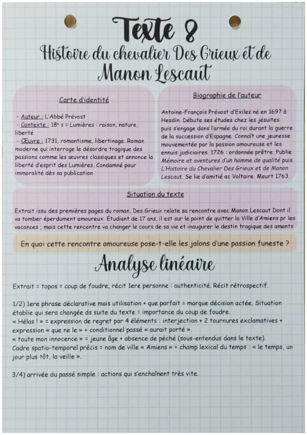 Texte 8
Histoire du chevalier Des Grieux et de
Manon Lescaut
Carte d'identité
Auteur : L'Abbé Prévost
Contexte: 18 s Lumières raison, nature