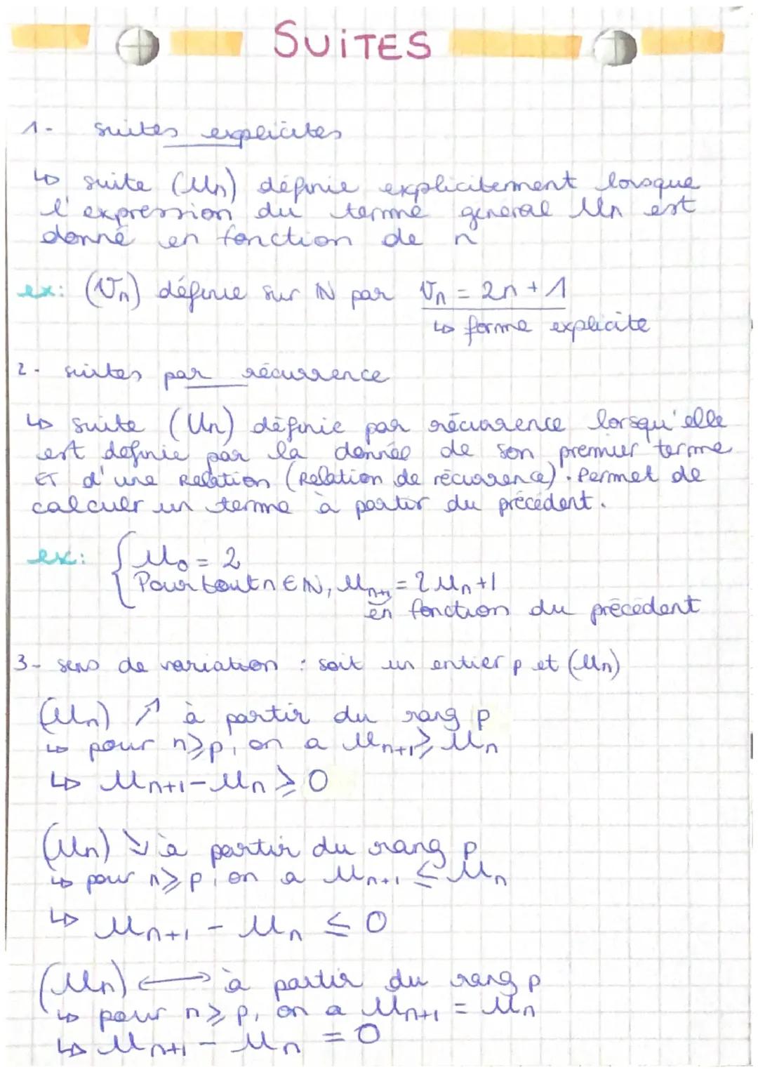 # SUITES

1- suites explicites

Lo suite (Un) définie explicitement lorsque
l' expression du terme general en est
donne en fonction de n

ex