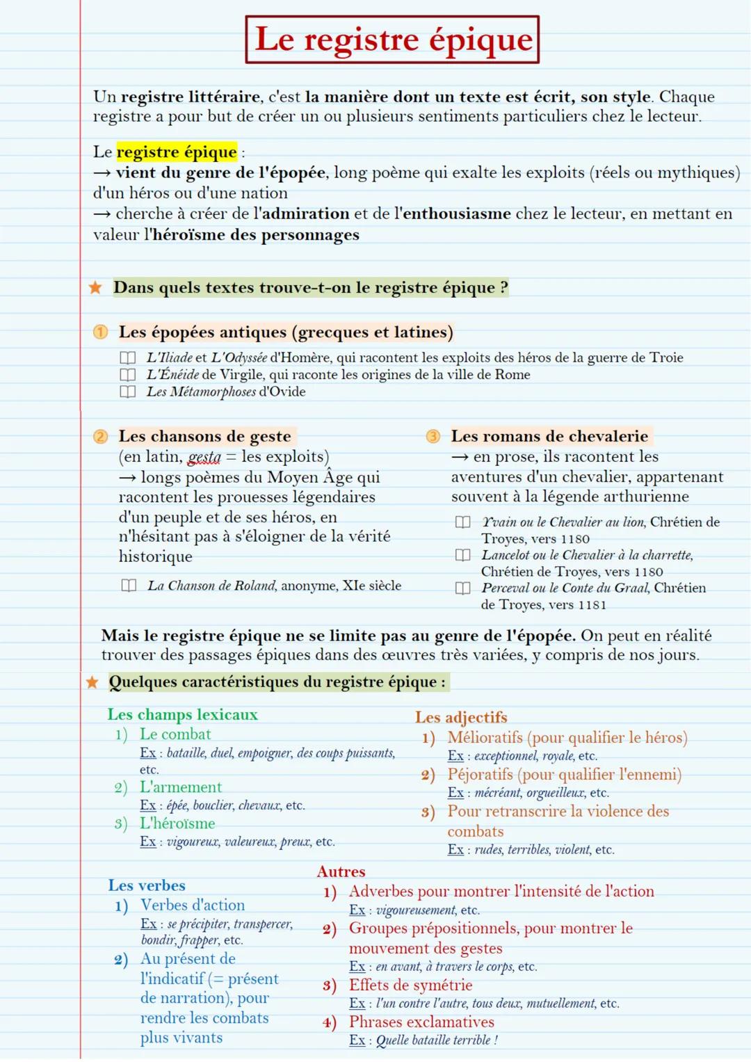 Le registre épique
Un registre littéraire, c'est la manière dont un texte est écrit, son style. Chaque
registre a pour but de créer un ou pl