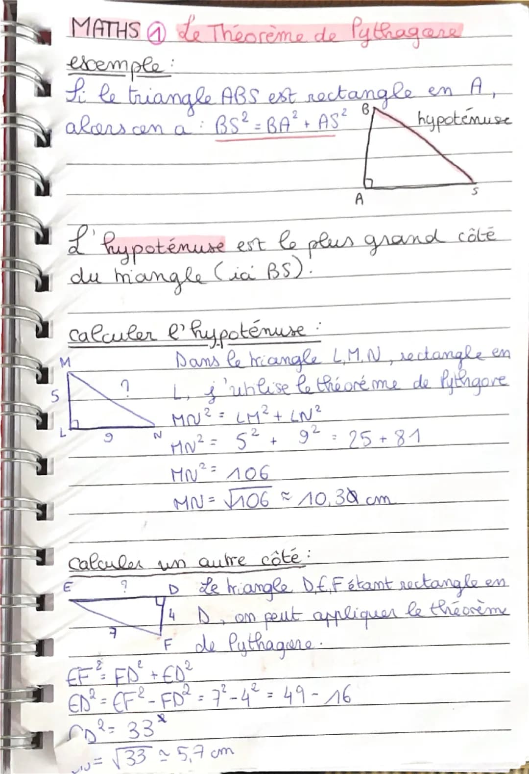 MATHS ⑦Le Théorème de Pythagore
exemple:
Si le triangle ABS est rectangle en A,
alors cen a BS² = BA² + AS²
hypotémuse
E
A
L'hypotenuse est 