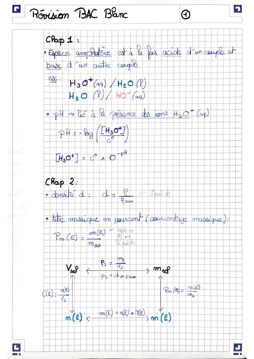 G
Revision BAC Blanc
Chap 1:
a
• Espèce amprotere est à la fois acide d'un couple et
base d'un autre couple
esc:
• pH →→lic à
PHI 9
H₂O + (2