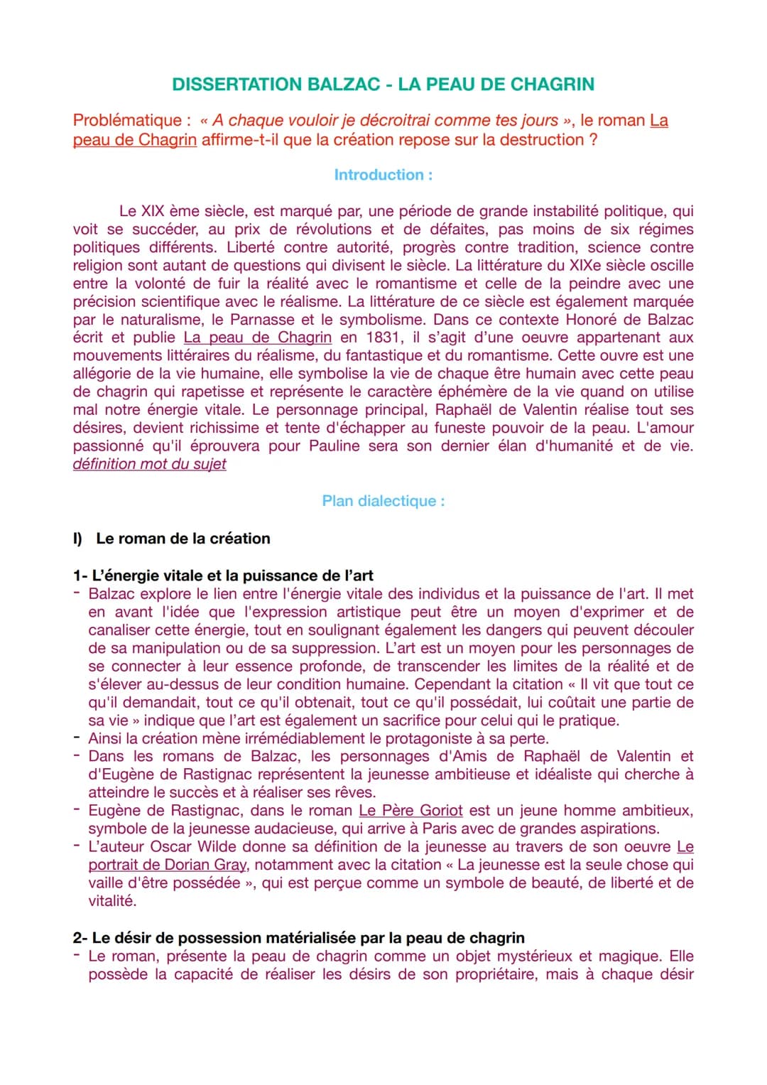 DISSERTATION BALZAC - LA PEAU DE CHAGRIN
Problématique : « A chaque vouloir je décroitrai comme tes jours », le roman La
peau de Chagrin aff