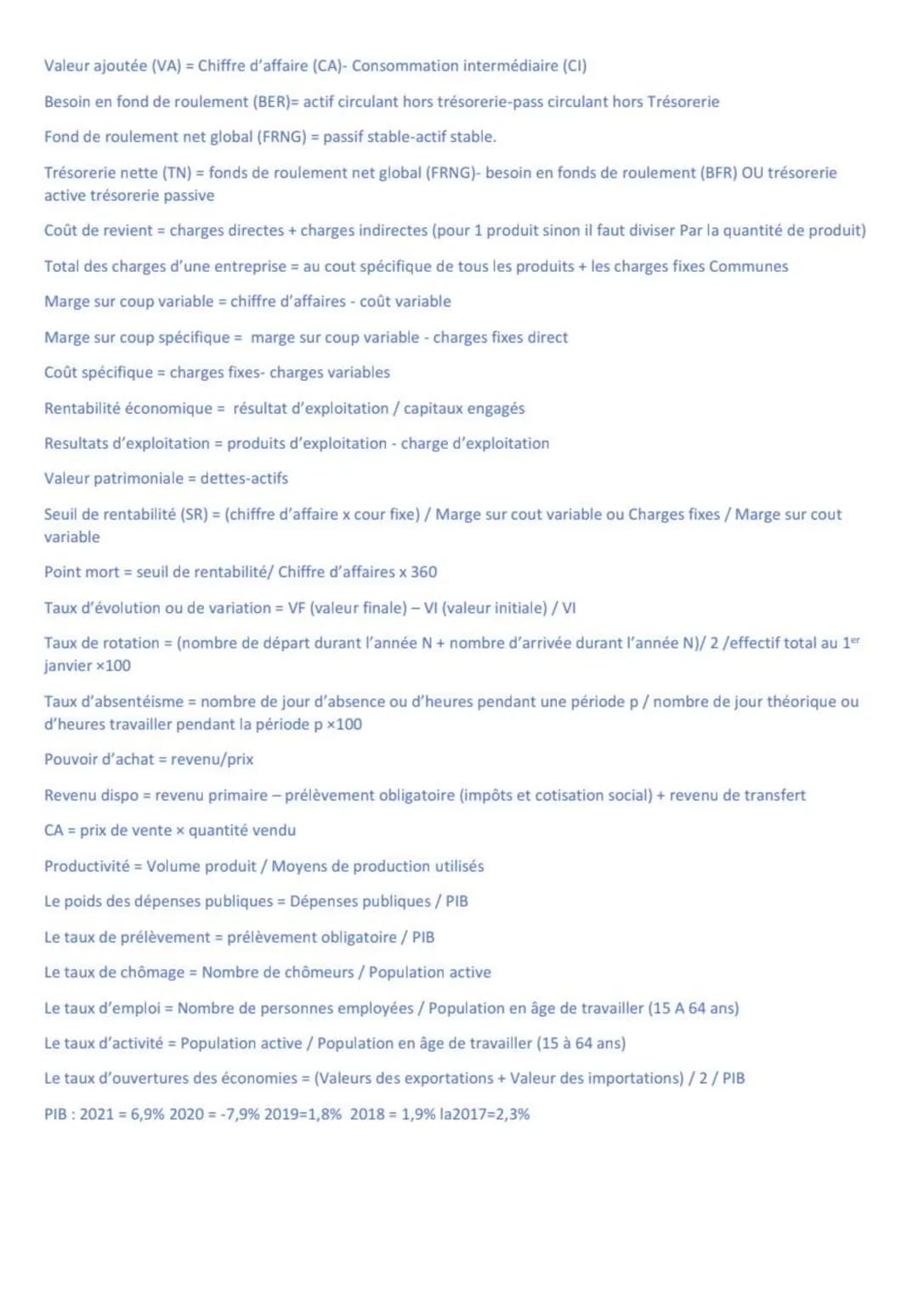 Valeur ajoutée (VA) = Chiffre d'affaire (CA)- Consommation intermédiaire (CI)
Besoin en fond de roulement (BER)= actif circulant hors trésor