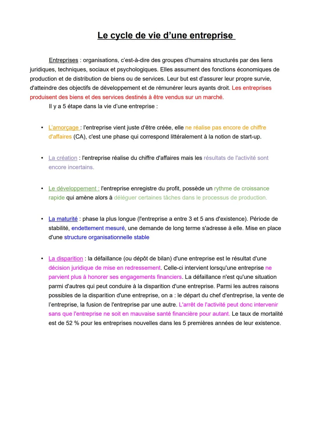 Le cycle de vie d'une entreprise
Entreprises: organisations, c'est-à-dire des groupes d'humains structurés par des liens
juridiques, techniq