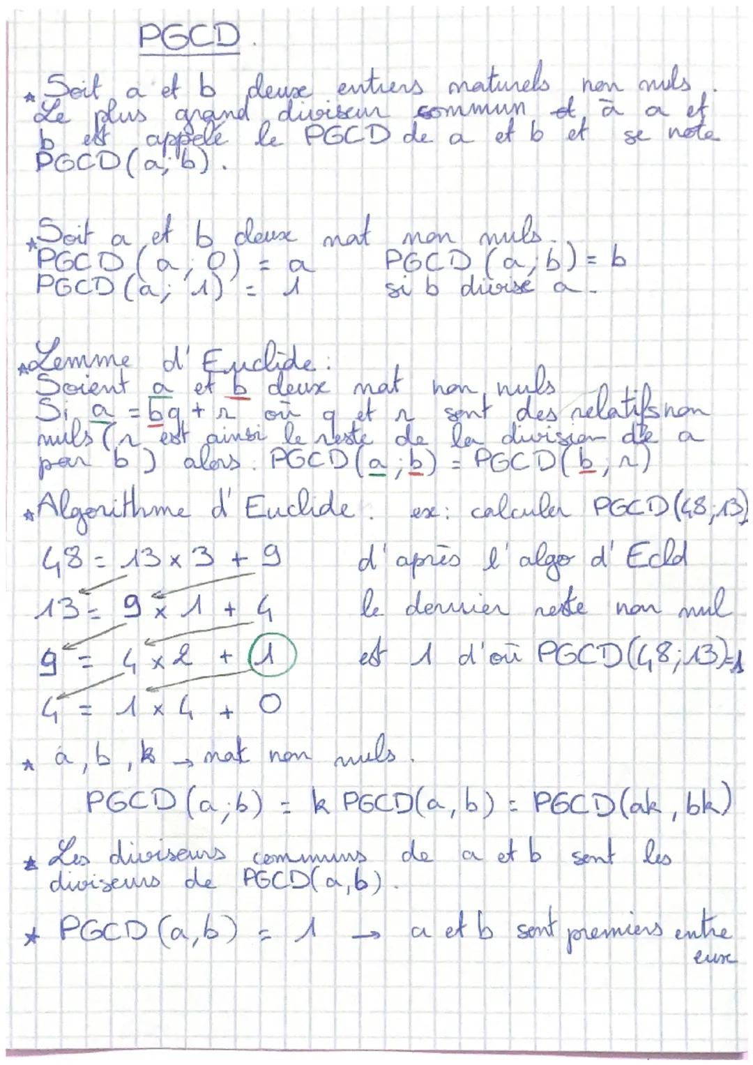 # PGCD

* Seit a et b deuse entrers maturels non nuls
Le plus grand diviken commun et à a ef b est appele le PGCD de a et b et se note
$PGCD
